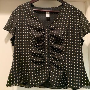 Scalloped edge black and beige polka dot blouse